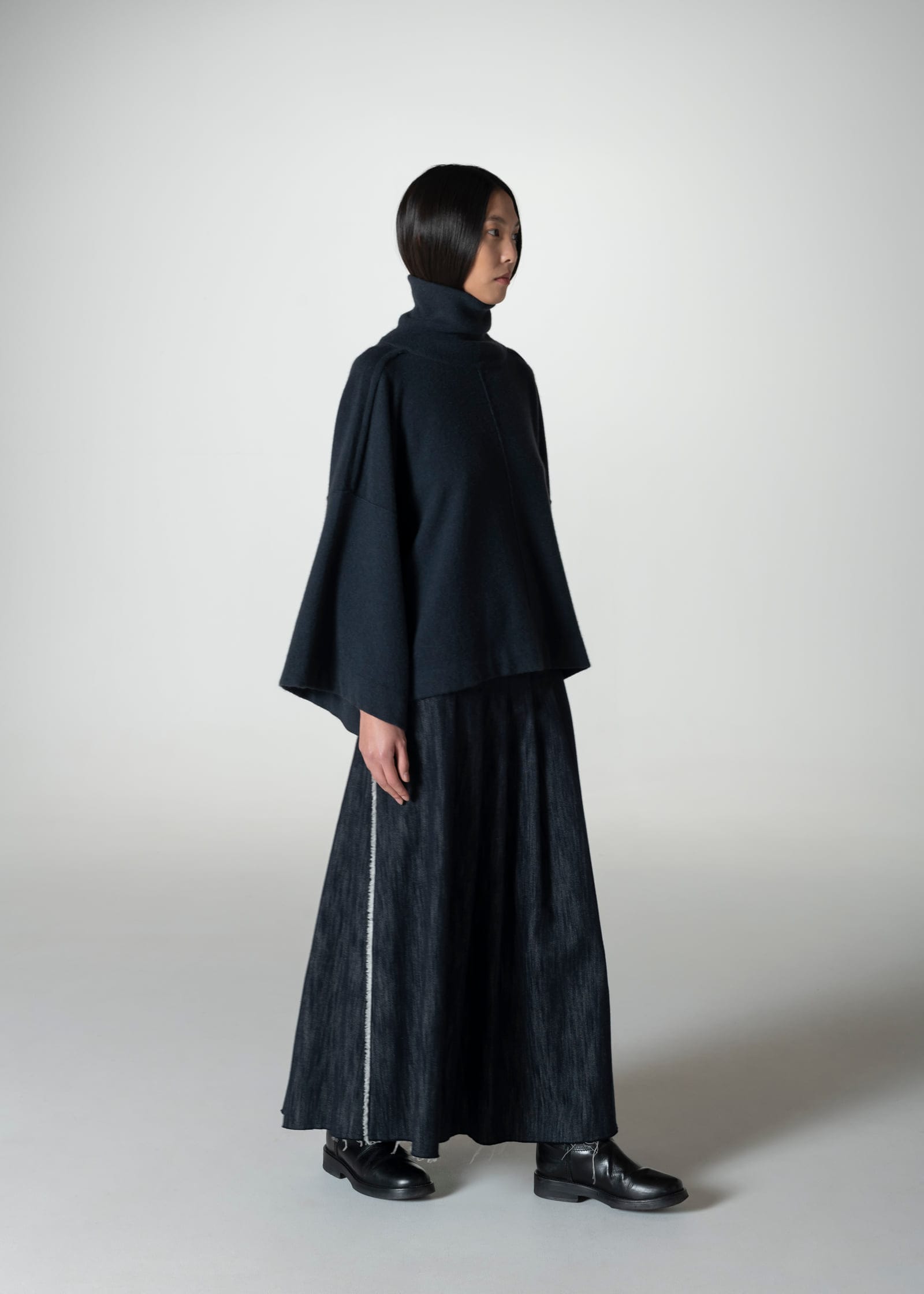 cashmere high neck kimono sweater cotton wool belt pleated skirt with row edge 2